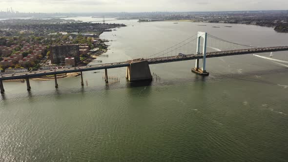 An aerial view of the Throgs Neck Bridge from over the East River in ...