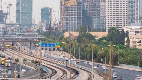 Car traffic close to Asrieli Center in Tel Aviv, Israel