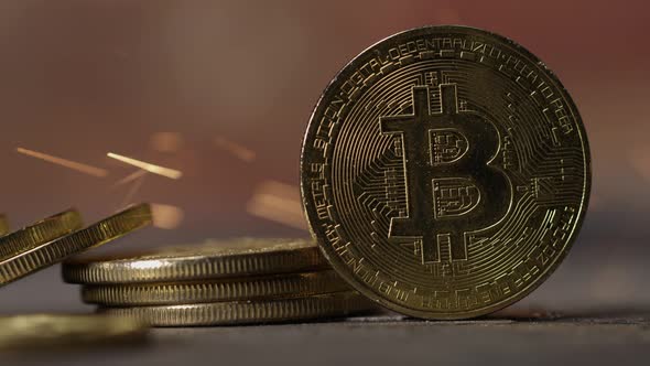 Cryptocurrency close up of bitcoin altcoin physical coins in dynamic setting alt