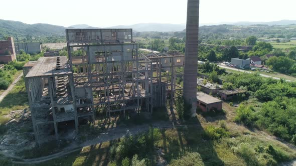 Exterior Abandoned Factory Hall In Loznica Serbia Chimneys Aerial Drone Shot Orbiting