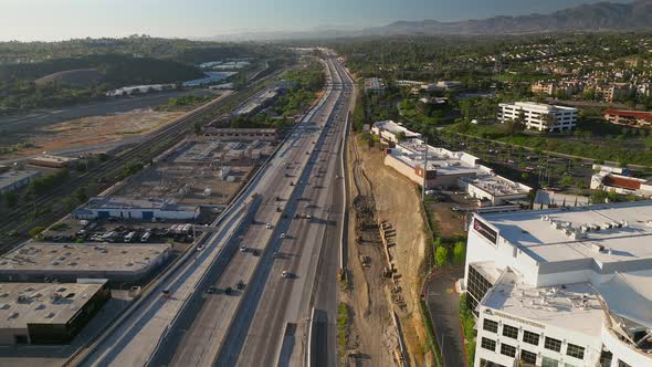 Static evening view of traffic on the five freeway in southern Mission Viejo, California alt