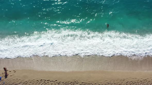 Sandy Beach Top View. Aerial View From Flying Drone