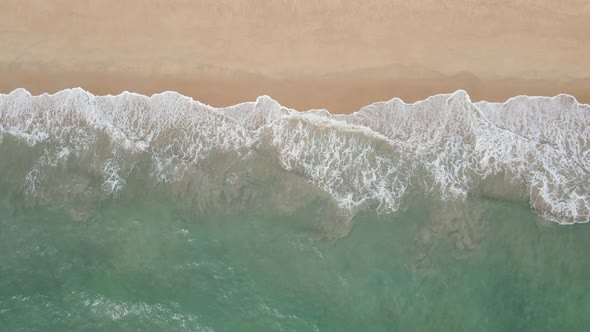 Top down aerial view of sea wave attack sand on beach with green color of water