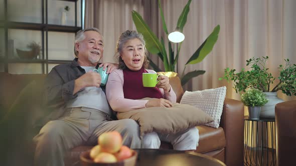old retired age asian couple watching TV at home,old mature asian couple cheering