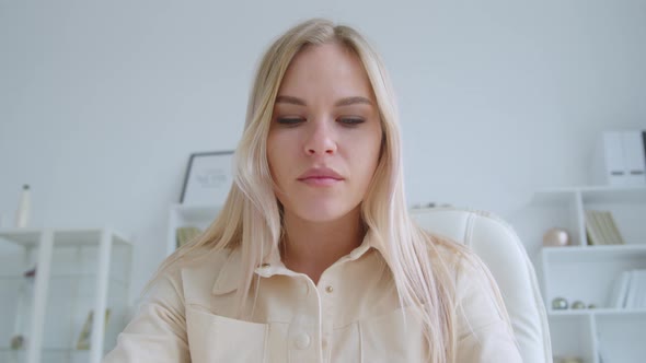 Expression young girl talking to camera making conference video call alt