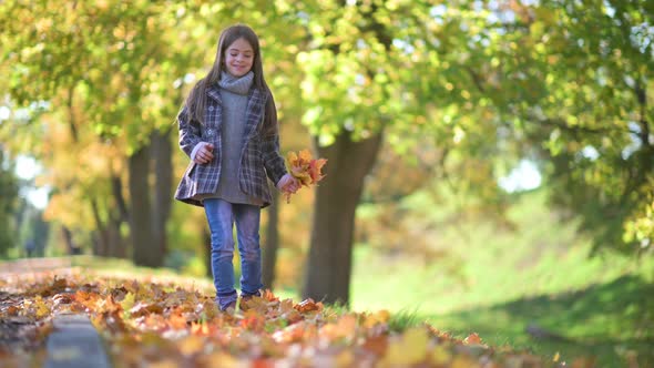 cute girl in a coat walks through the autumn park