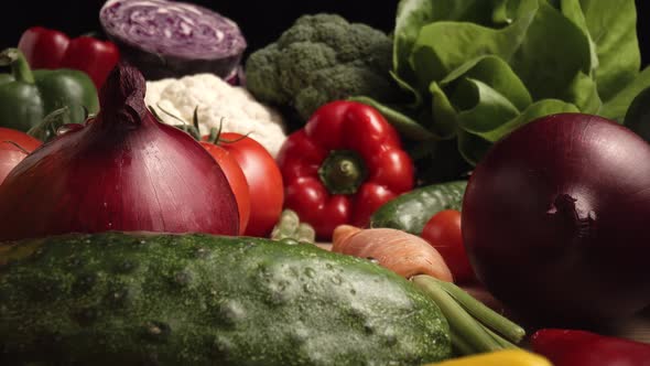 Zoom in macro video of fresh seasonal vegetables. Shot with RED helium camera in 8K alt