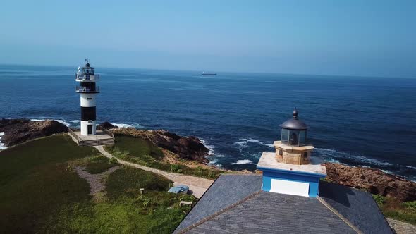 Aerial View of the Lighthouse on Pancha Island. Northern Spain in Summer