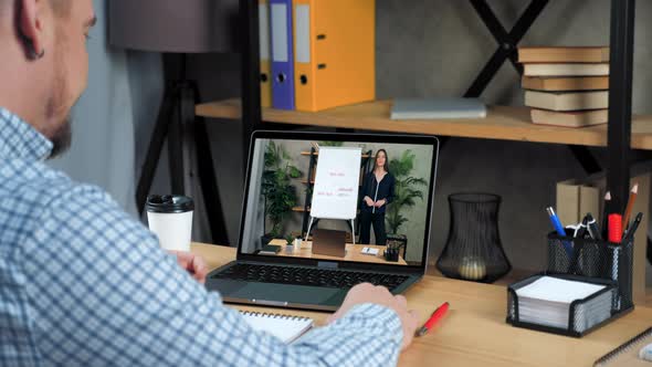 Businessman in Office Talk Top Manager Company Online Video Call Webcam Laptop alt