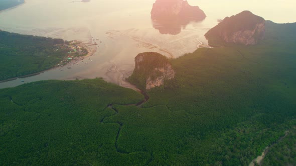 Aerial view over the bay, beautiful limestone mountains on the beach alt