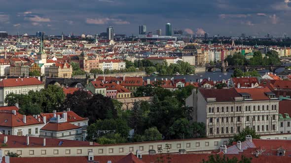 Panorama of Prague Old Town with Red Roofs Timelapse Famous Charles Bridge and Vltava River Czech alt