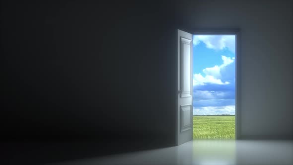 Doors opening to reveal beautiful sky and green field in dark grey room alt