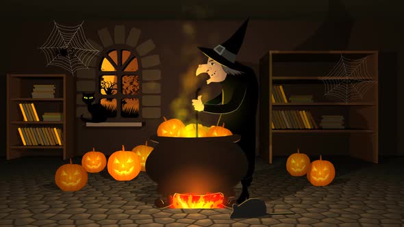 Ugly witch dressed black in the black hat is preparing a potion in a cauldron.