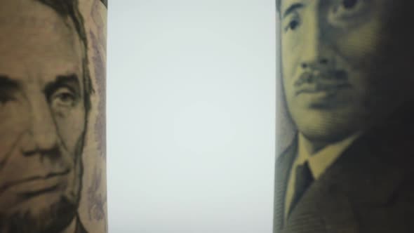 Foreign currency money exchange concept. Many banknotes of different nations. alt