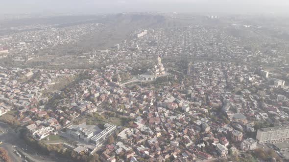 Aerial view of Holy Trinity Cathedral Sameba in Tbilisi, Georgia 2021 autumn alt