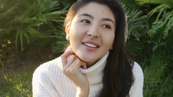 Slow Motion Young Asian Woman in City Face Portrait Smile Happy