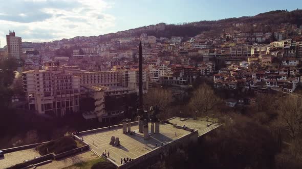 Aerial footage of large monument in a city