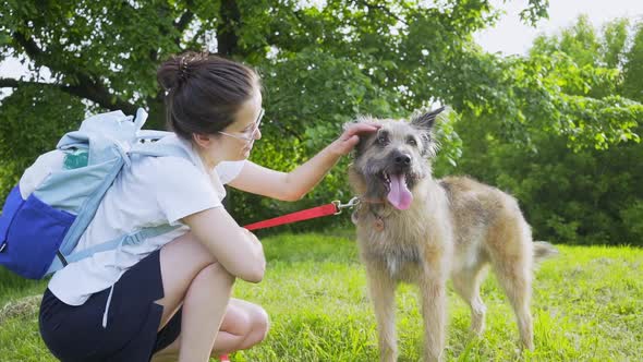 Beautiful Woman with Backpack Leashes Grey Dog on Grass