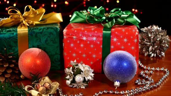 Christmas Presents, Decoration Toys with Pine Cone and Beads, Cam Moves To the Left, Bokeh, Garland alt