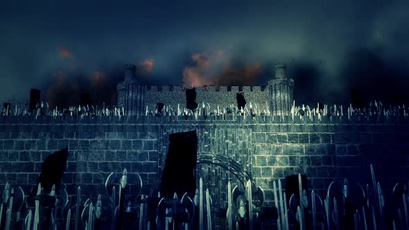 Big Medieval Army Marching and Conquering a Burning Castle alt