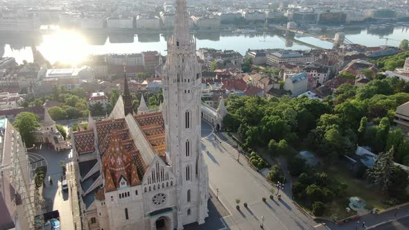 Aerial orbit shot of Matthias Church and Fisherman's Bastion, Budapest, Hungary alt