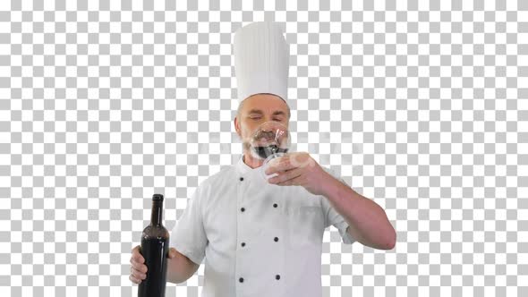 Chef tasting red wine and enjoying it, Alpha Channel alt