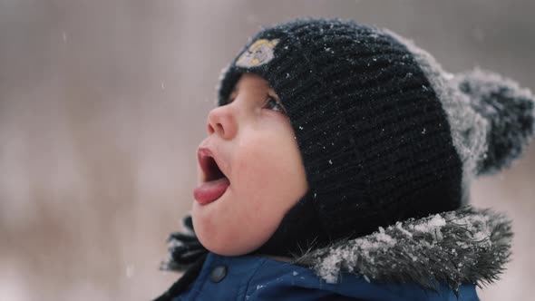 Cute Toddler Boy Catching Snowflakes with His Mouth Funny Slow Motion Footage alt