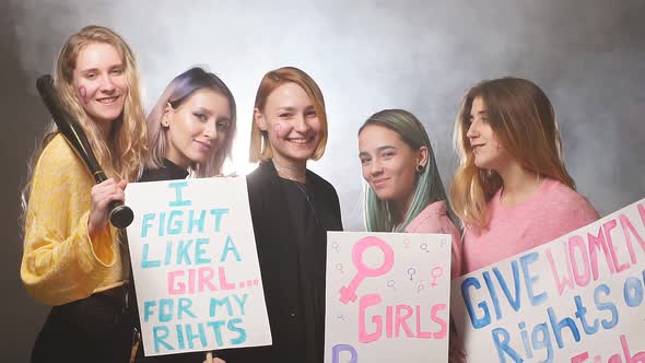 Young Caucasian Girls Fight Together for Their Rights, Feminism alt