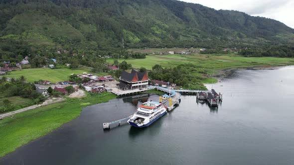 Aerial Harbor of Ferry ship Transportation in Lake Toba alt