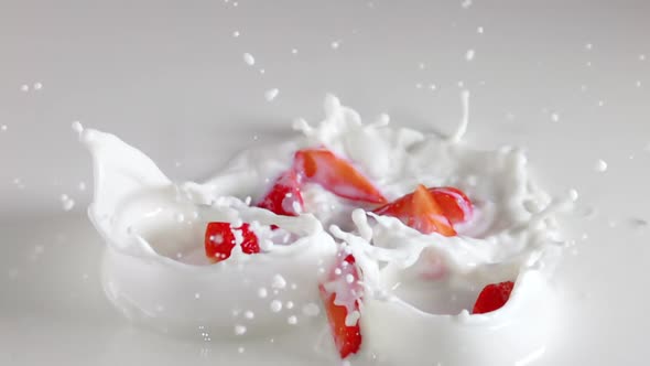 Several Pieces of Strawberries Falls Into the Milk