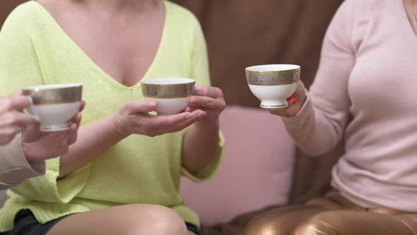 Unrecognizable Women Clinking Tea Cups Sitting on Brown Cozy Couch in Living Room Indoors alt