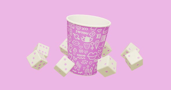 Minimal motion 3d art. Plastic cup with design pattern and dice moves in pink abstract space