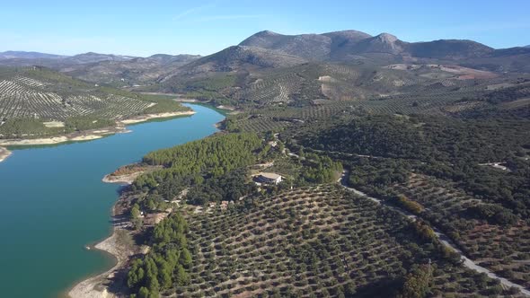 Aerial view of a big reservoir/lake surrounded by mountains and olives in the south of Spain. alt