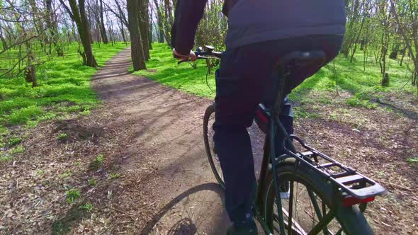 Young Guy Rides a Bicycle Along a Path in a Green Forest Rear View in Slow Mo alt