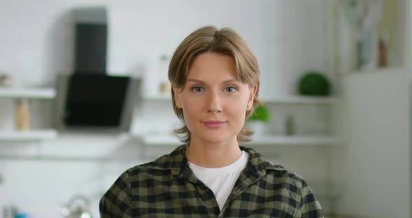 Young Woman Enjoy Weekend Morning, Listening Music in Wireless Headset, Close Up alt