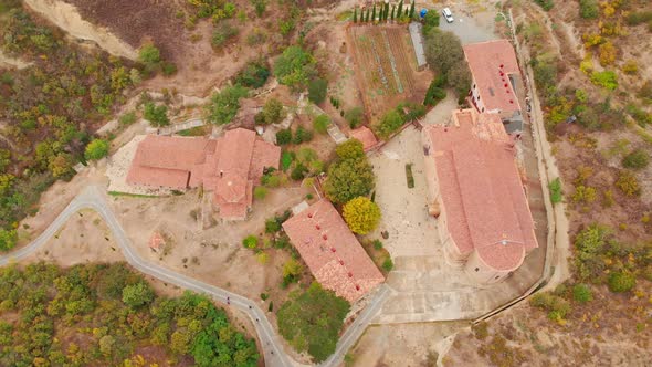 Descending Overhead View Of Monastery Complex In Georgia  alt