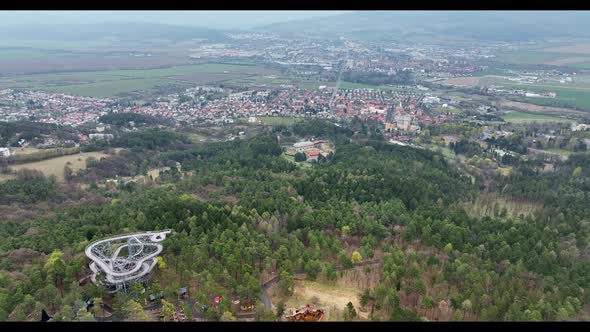 Aerial view of the Lookout Tower in the town of Bojnice in Slovakia