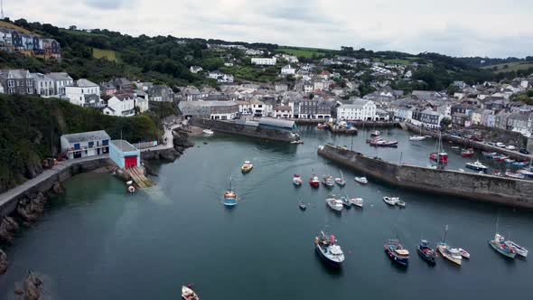 Mevagissey Fishing Port And Village Aerial View Of Boats
