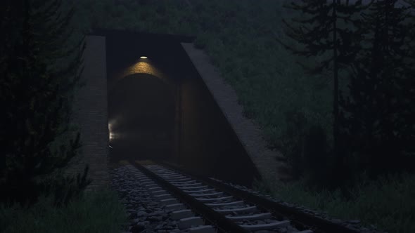 Train leaving an old underground tunnel. Railway transportation. Dark foggy.