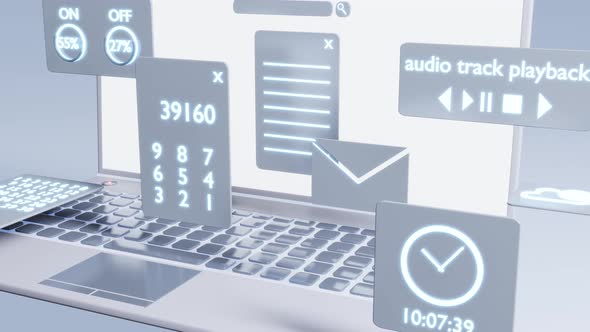 Technological multimedia laptop with icons of open programs. alt