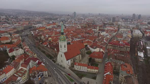 Church in the Old Town of Bratislava, aerial view alt