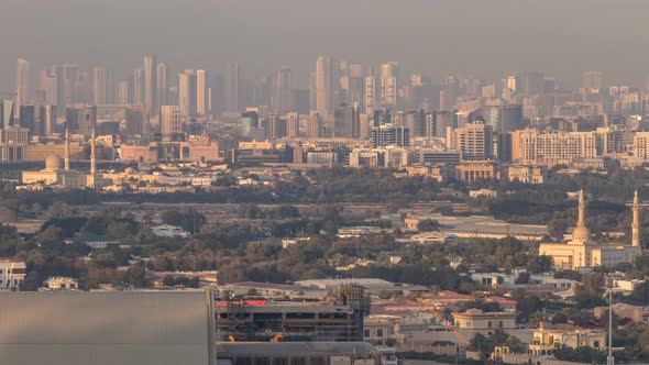 Skyline View of Deira and Sharjah Districts in Dubai Timelapse at Sunset UAE alt