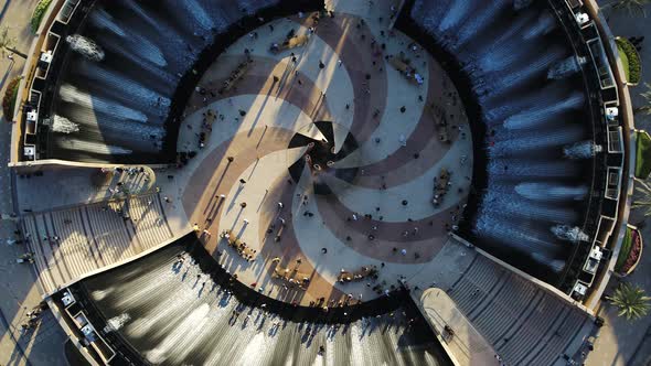 Aerial view of Water Fountain at Jubilee Park, Dubai, UAE. alt