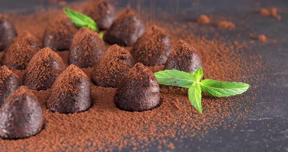 Powdering with Cocoa Chocolate Truffles on Slate Closeup