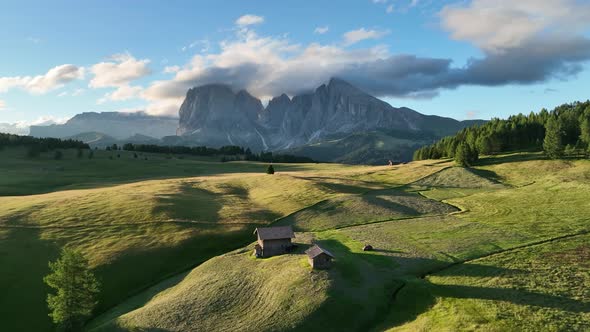Sunrise on the Seiser Alm in the Dolomites mountains alt