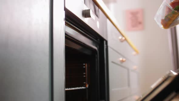 Woman Cooking Food in Oven at Home Kitchen alt