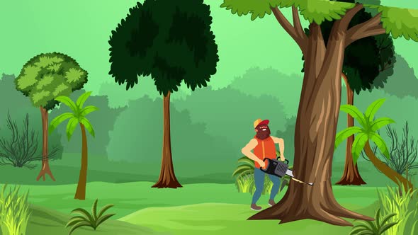 Lumberjack sawing tree trunk animation for the logging industry