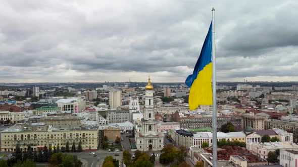 Flag of Ukraine, flagpole Kharkiv city aerial