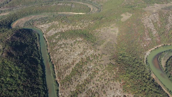 High above green Timok river meander 4K aerial footage