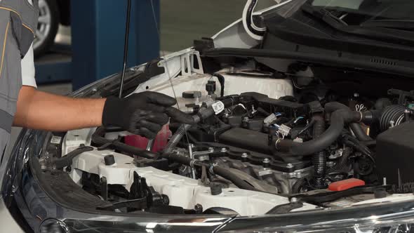 Professional Mechanic Checking Oil Level and Engine of a Car alt